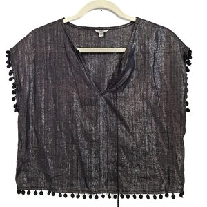 GuessTop S Small Black Pom Pom Shimmer Cap Sleeve